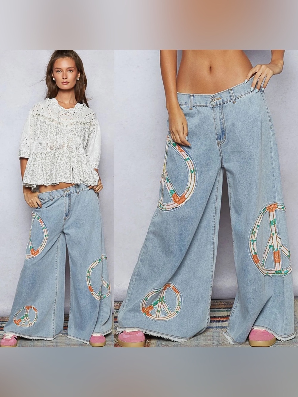 POL Peace Patchwork Light Wash Wide leg Denim Jean pants Medium 70’s hippie boho